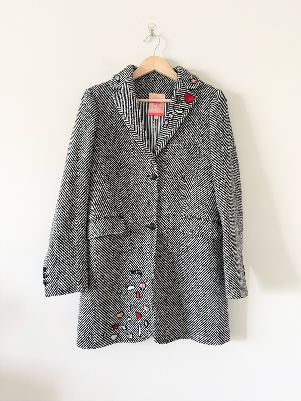 Vilagallo Black & White Herringbone Wool Blend Coat with Embroidered Accents 38
